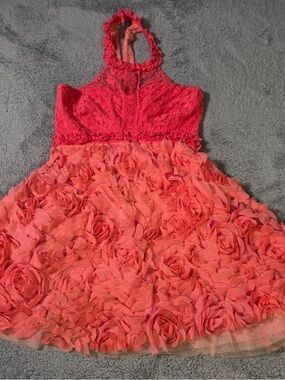 Free People Coral Lace Halter Rosette Dress